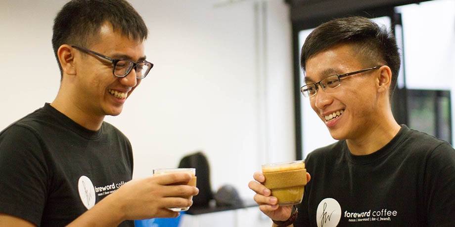 Lim and Chan share a laugh over a cuppa