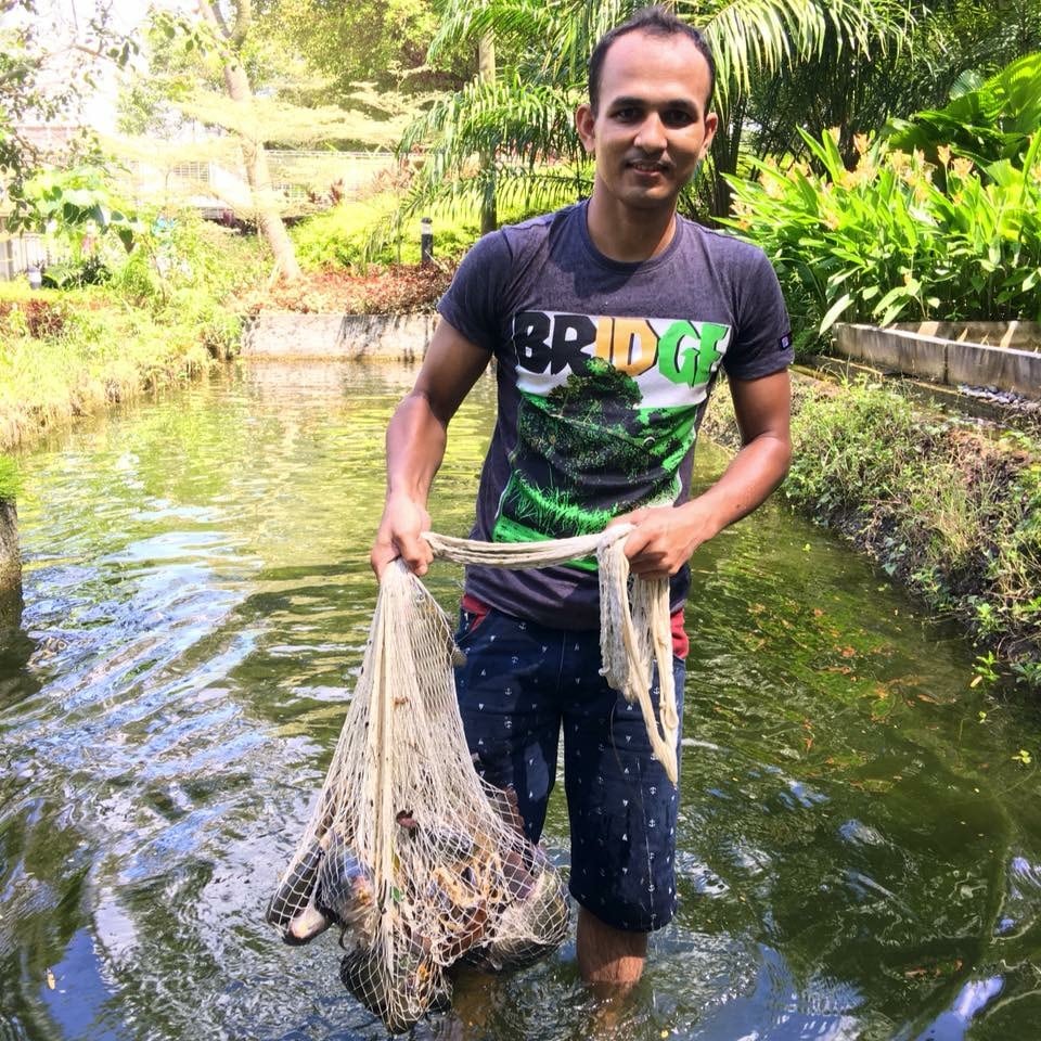 Volunteers at a floating fish farm