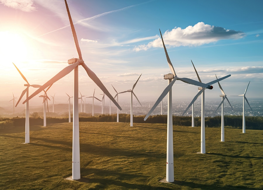 An engineer in a white hard hat looking out at a field of wind turbines under a bright sky.